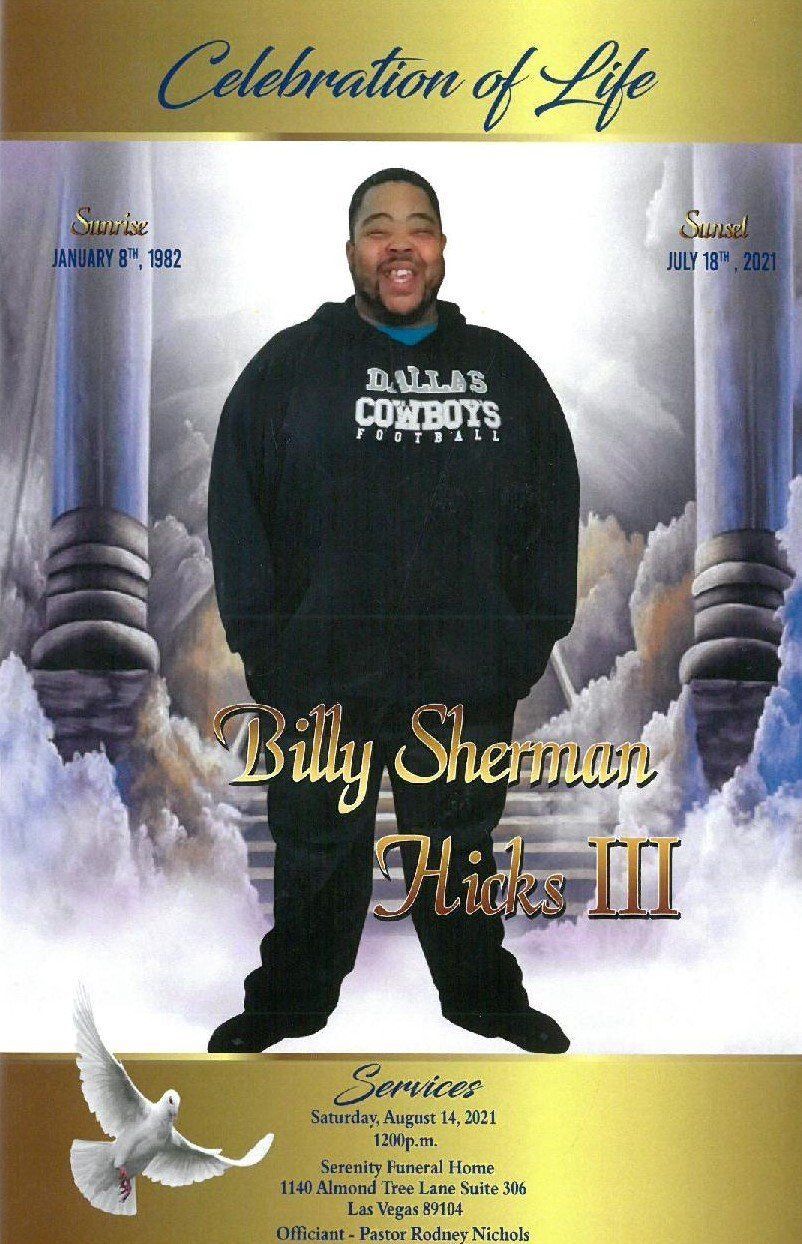Memorial poster with a man standing in clouds, “Celebration of Life” and “Billy Sherman Jones III” text.
