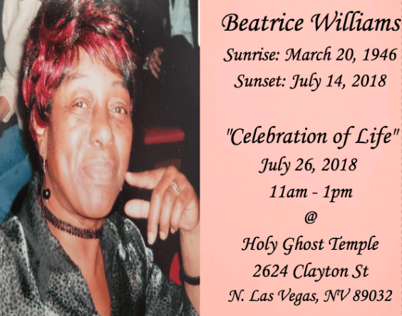 Memorial flyer with portrait and service details for Beatrice Williams, July 26, 2018, Holy Ghost Temple.