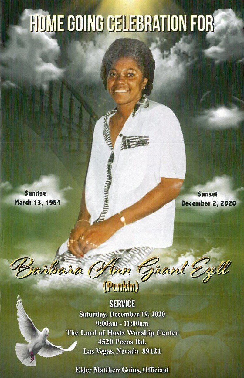 Memorial program cover with smiling woman in white against cloudy green background, dove and service details