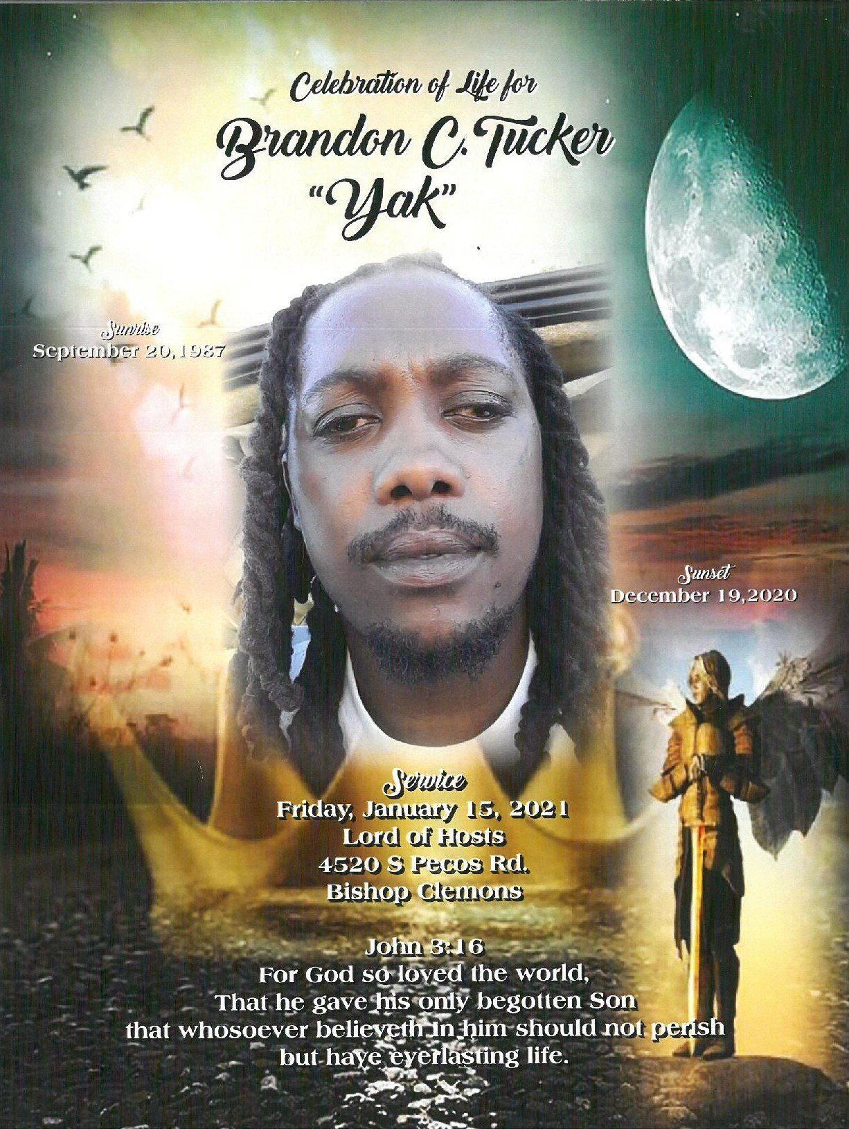 Memorial-style poster with a central portrait, moonlit sky, text, and a small angel figure at right