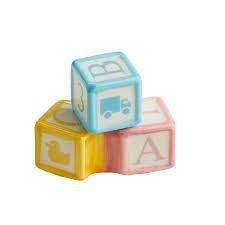 Three colorful translucent toy blocks stacked together, each with a different picture on its face.