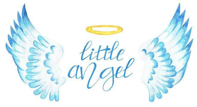 Blue angel wings with a gold halo and the words “little angel” in cursive.