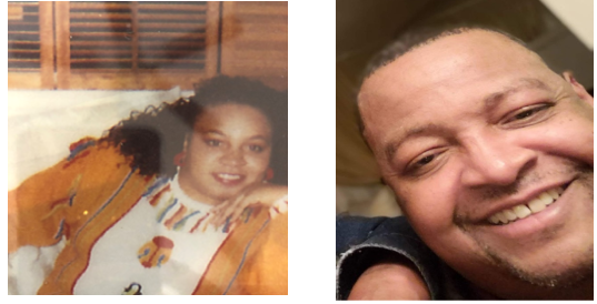 Two side-by-side portraits: a woman in orange on the left and a smiling man on the right.