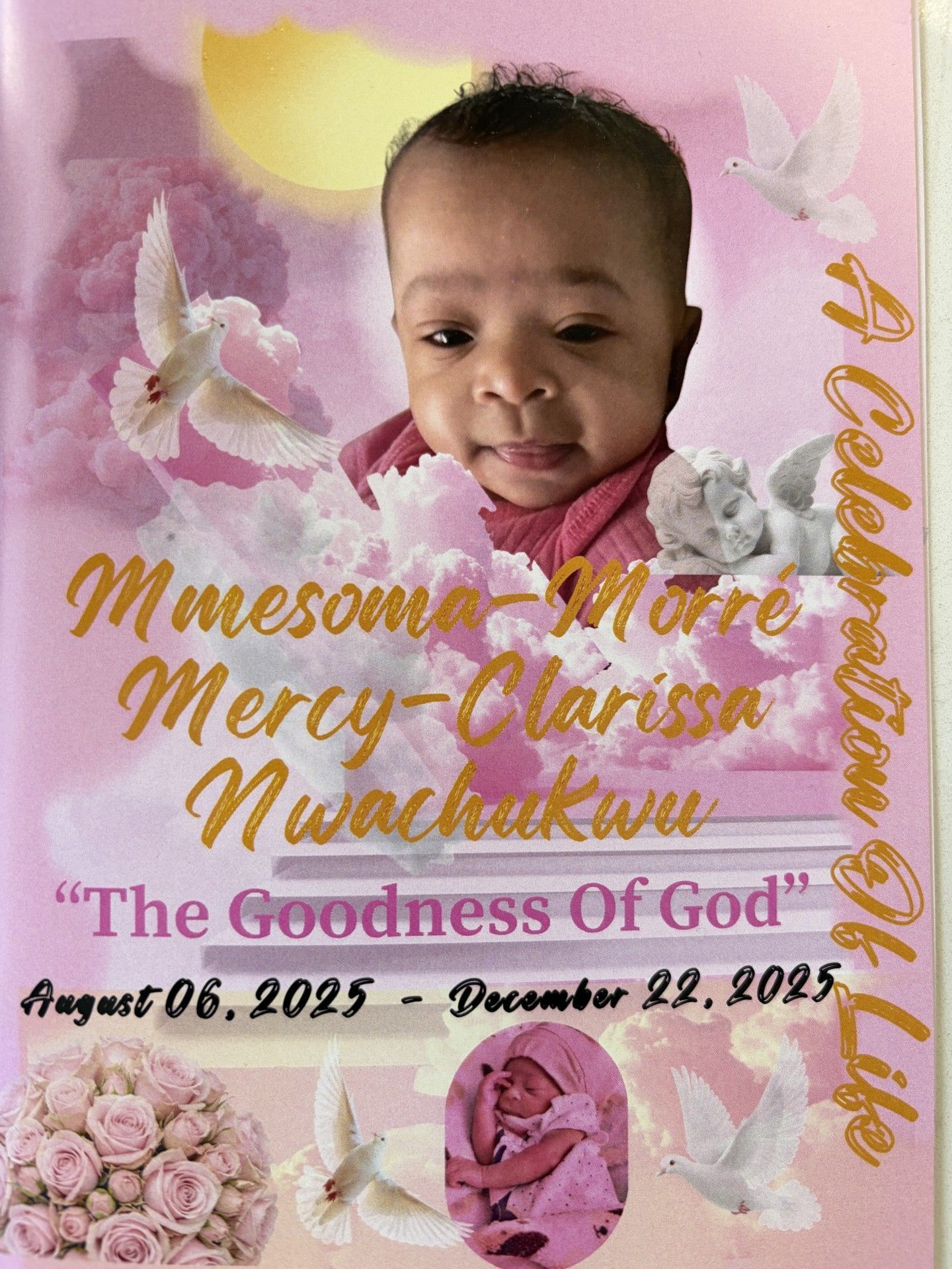 Pink memorial flyer with baby photo, butterflies, flowers, and gold script for a baby named Mercy-Charissa Novakhumwe