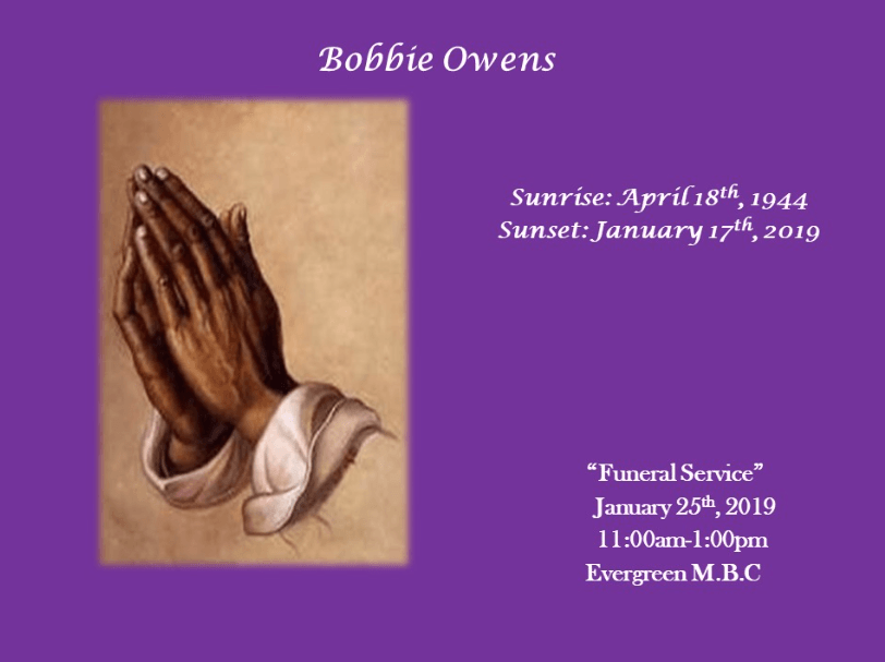 Praying hands on tan background with memorial text for Bobbie Owens and service details on purple backdrop