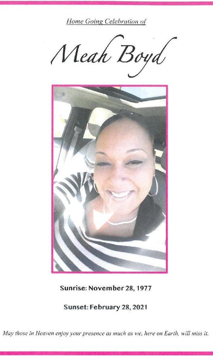 Memorial card with a smiling portrait framed in pink and dates below