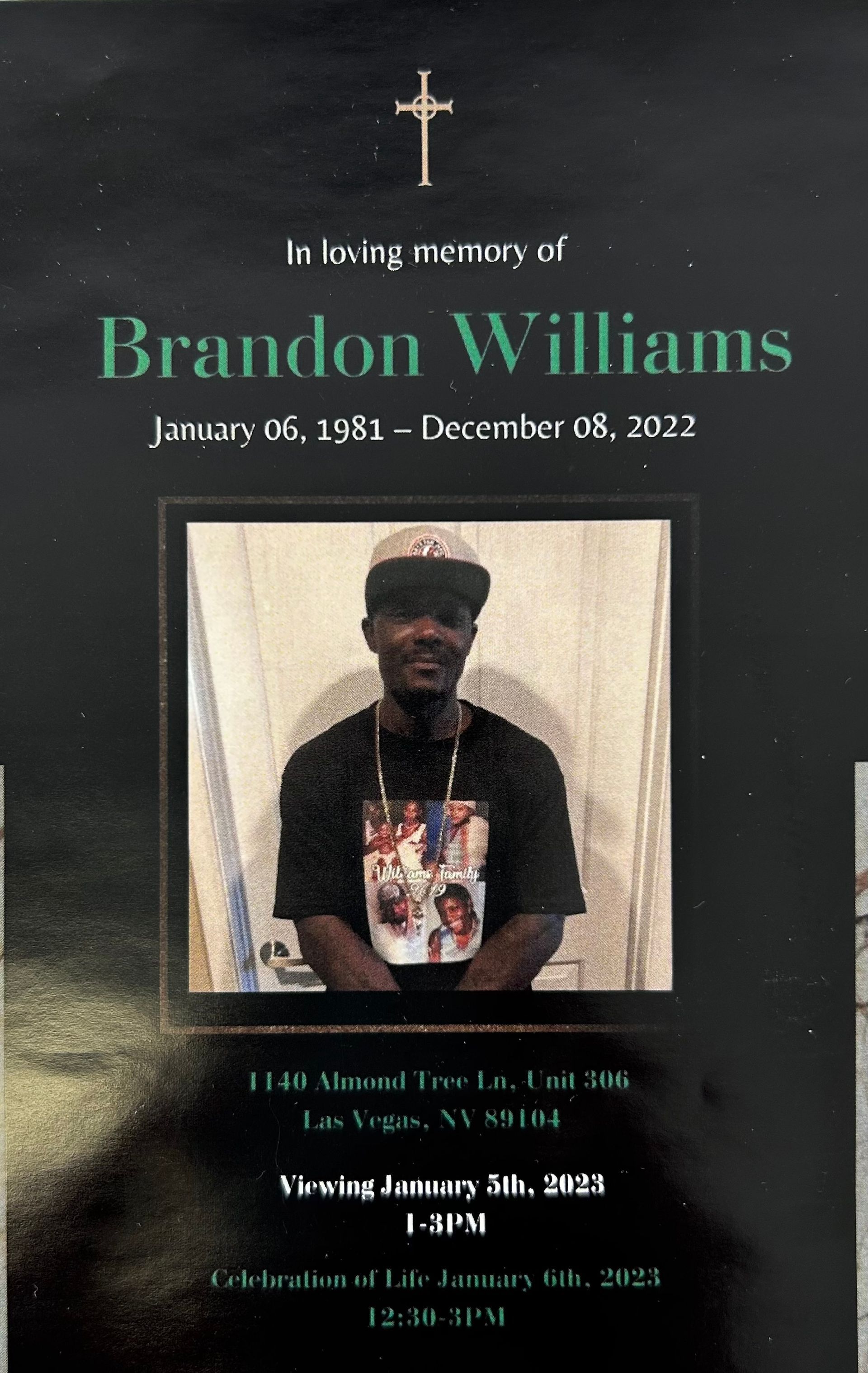 Memorial service poster for Brandon Williams with portrait, dates, and funeral details on a black background