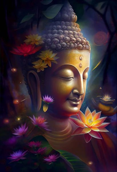 Golden Buddha statue with closed eyes, surrounded by colorful flowers and soft glowing light