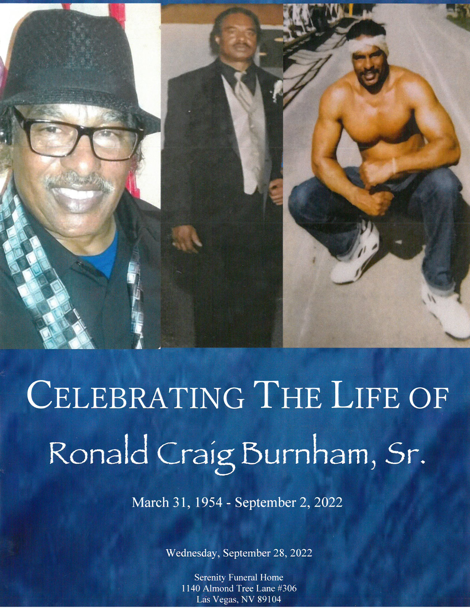 Memorial collage for Ronald Craig Burnham, Sr. with three photos and blue title banner