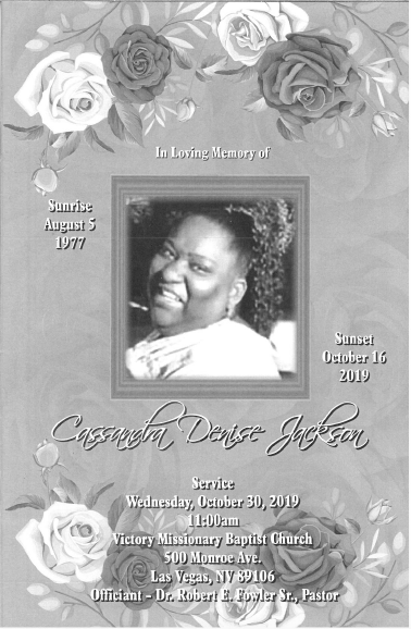 Memorial flyer with floral border and portrait photo, honoring Cassandra Dorsey-Snipes.