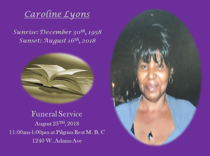 Memorial flyer with portrait, open book graphic, and funeral service details on purple background