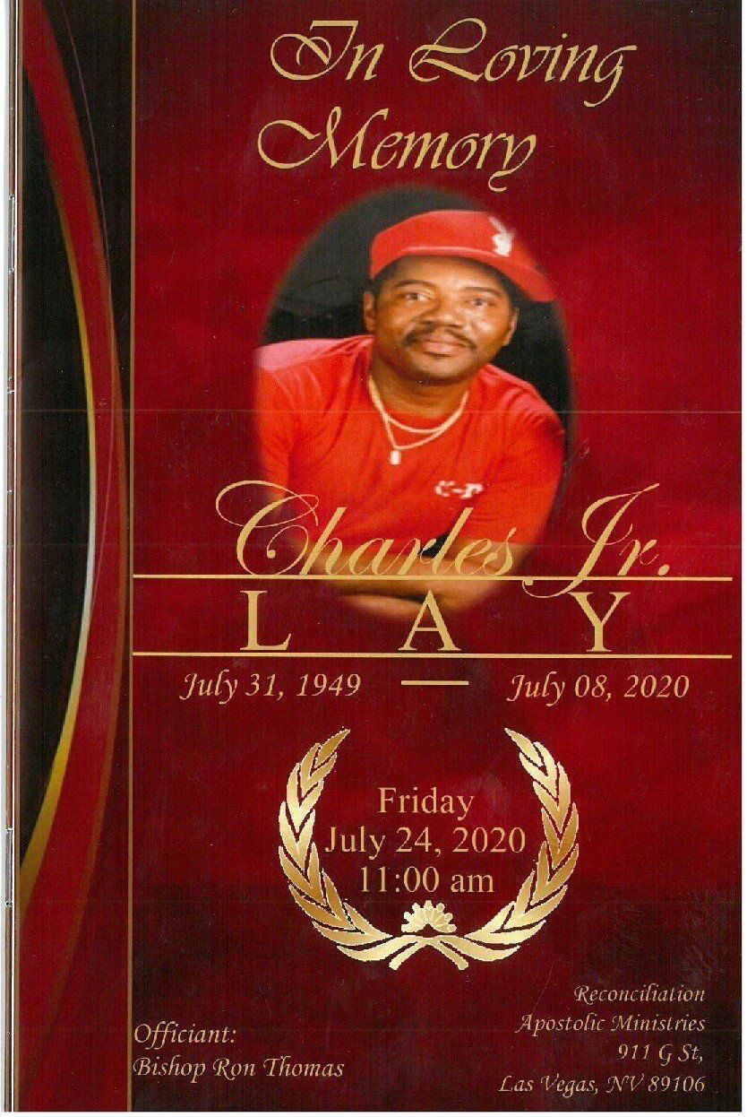 Memorial tribute poster with a portrait, red background, and dates in gold script