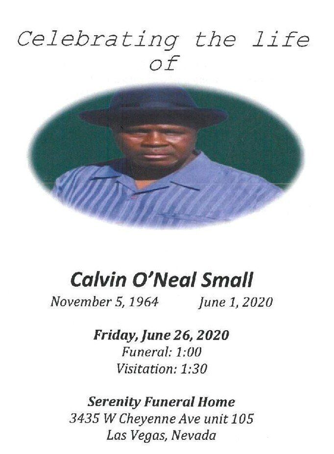 Memorial program cover with portrait, “Celebrating the life of Calvin O’Neal Small,” funeral details beneath.