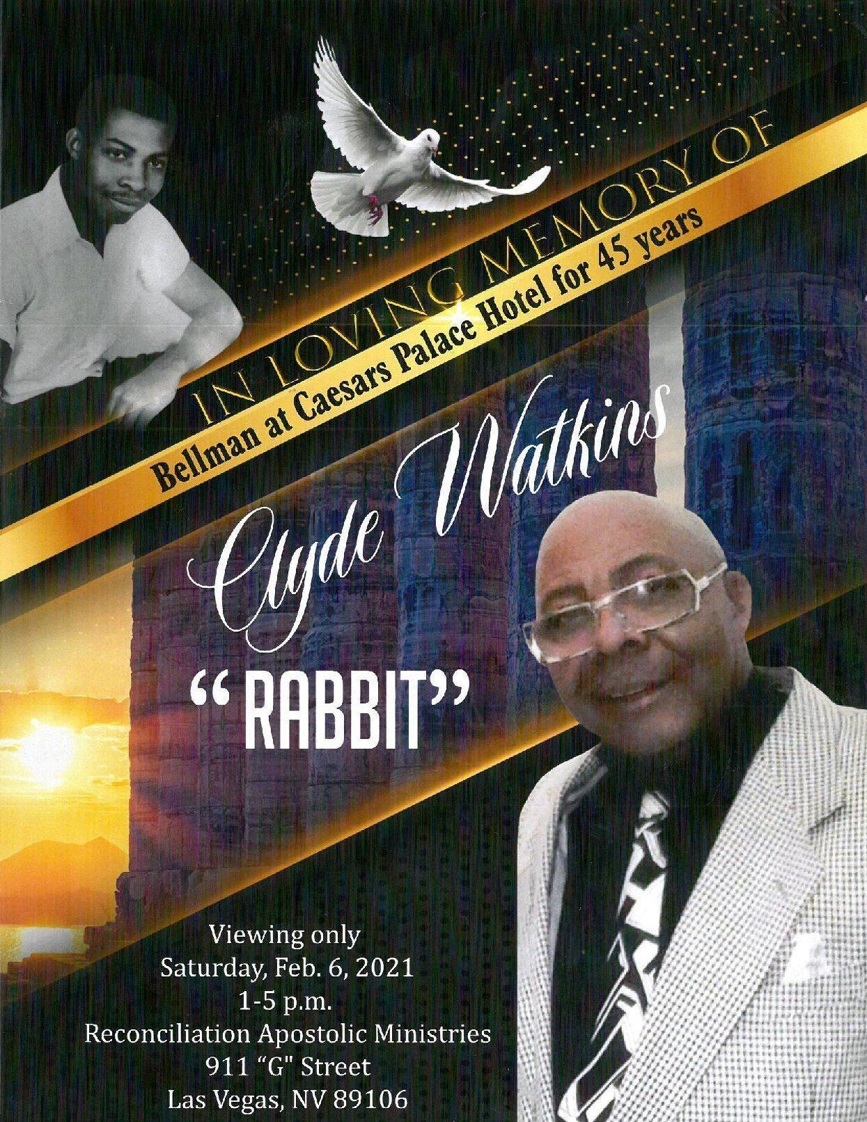 Memorial flyer for Clyde Watkins “Rabbit” with portrait, dove, and event details on a dark gold background