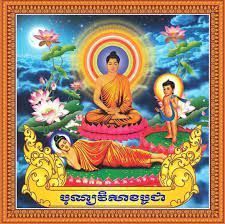 Buddha seated on a lotus with halo, flanked by children and flowers in a colorful framed illustration