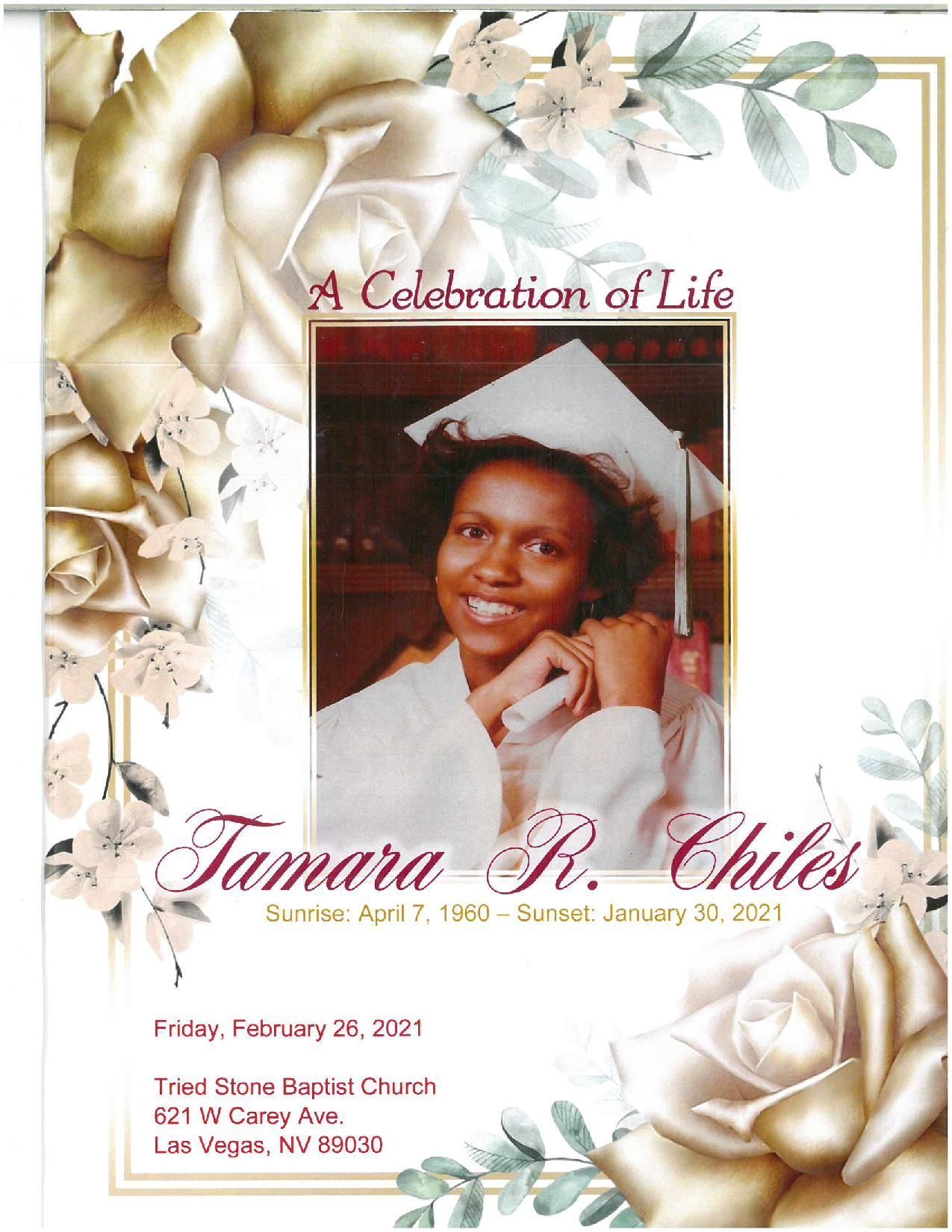 Memorial program cover with a portrait, white roses, and the title “A Celebration of Life”