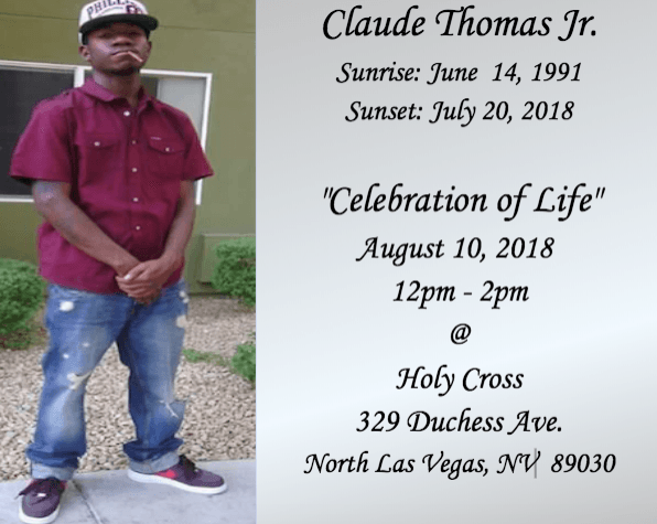 Memorial card for Claude Thomas Jr. with man in maroon shirt, event details, and church address.