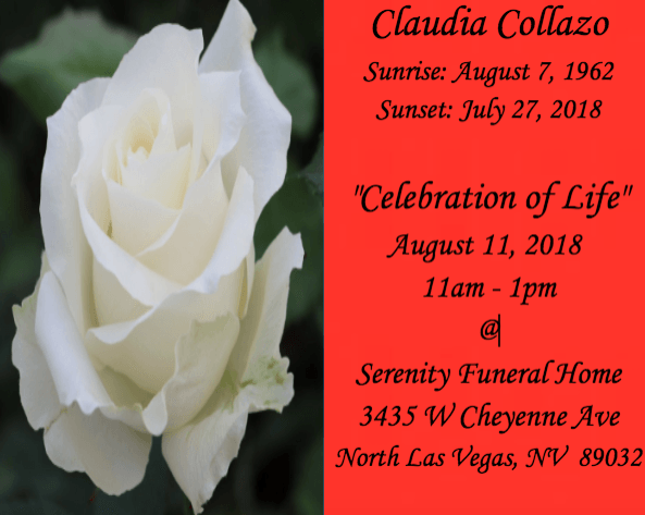 White rose funeral card for Claudia Collazo, with service details on a red background.