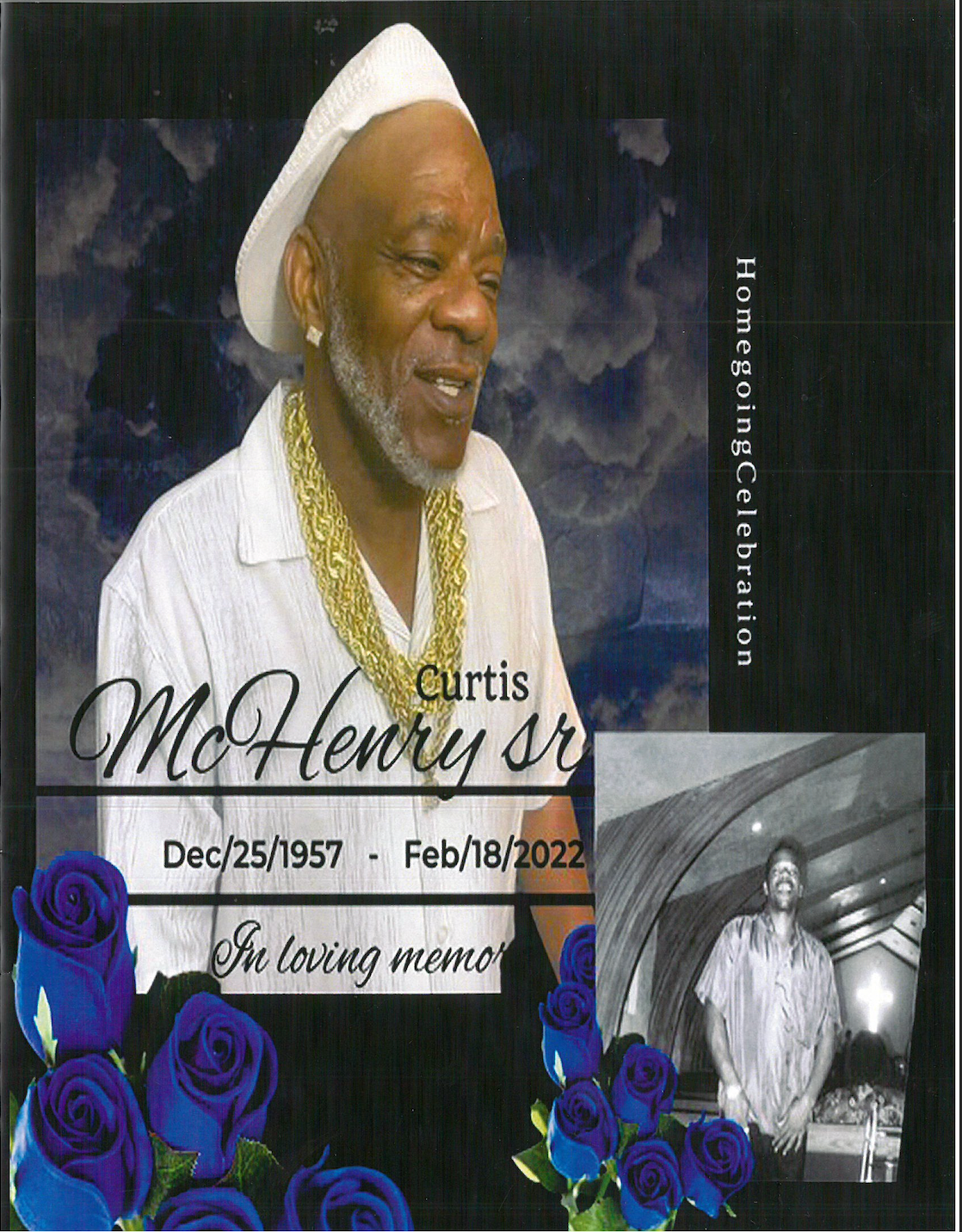Memorial tribute for Curtis M. Williams with portrait, dates, purple roses, and “Gone but not forgotten” text