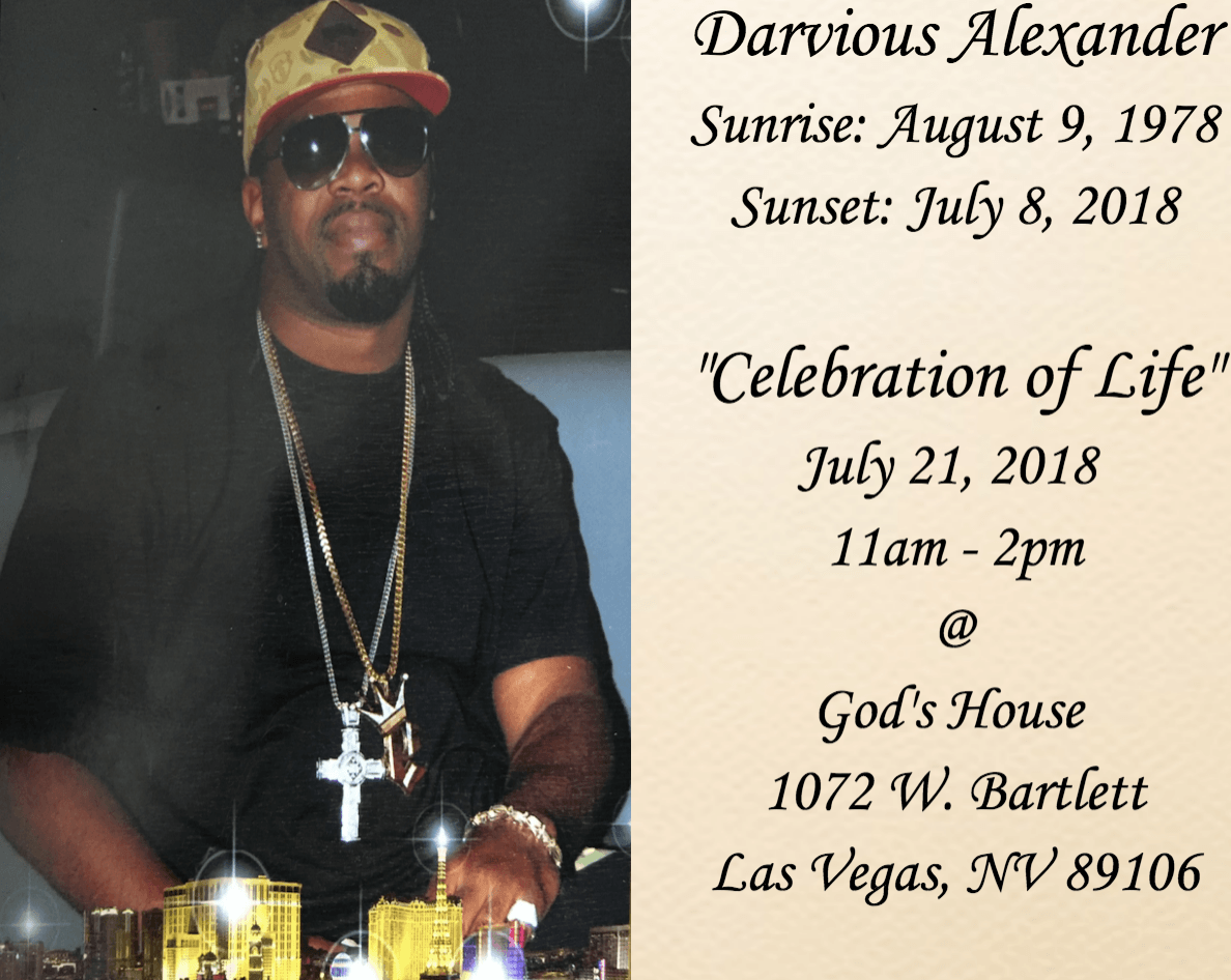 Memorial flyer for Darrious Alexander with photo, dates, and “Celebration of Life” details at God’s House, Las Vegas