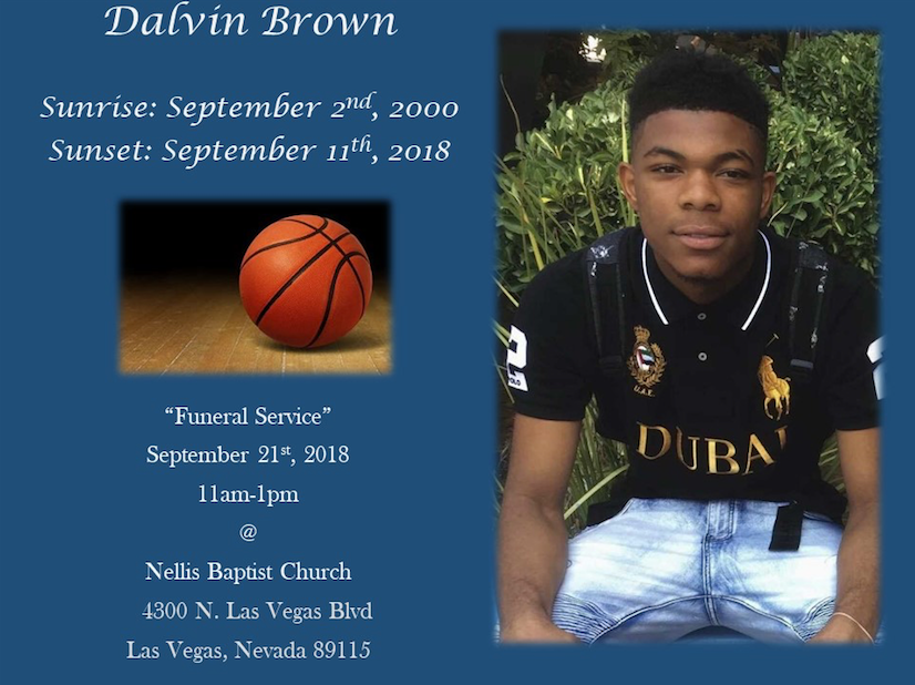 Memorial collage with basketball and portrait, listing sunrise, sunset, and funeral service details.