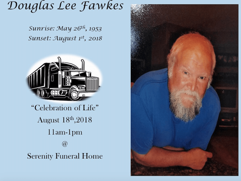 Memorial card for Douglas Lee Fawkes with portrait, truck graphic, and funeral service details
