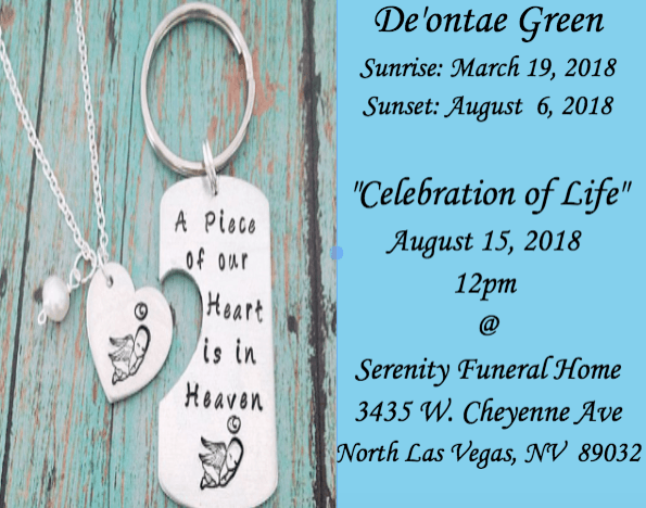 Memorial card with turquoise background, dreamcatcher and heart charm, for De'onta Green’s celebration of life