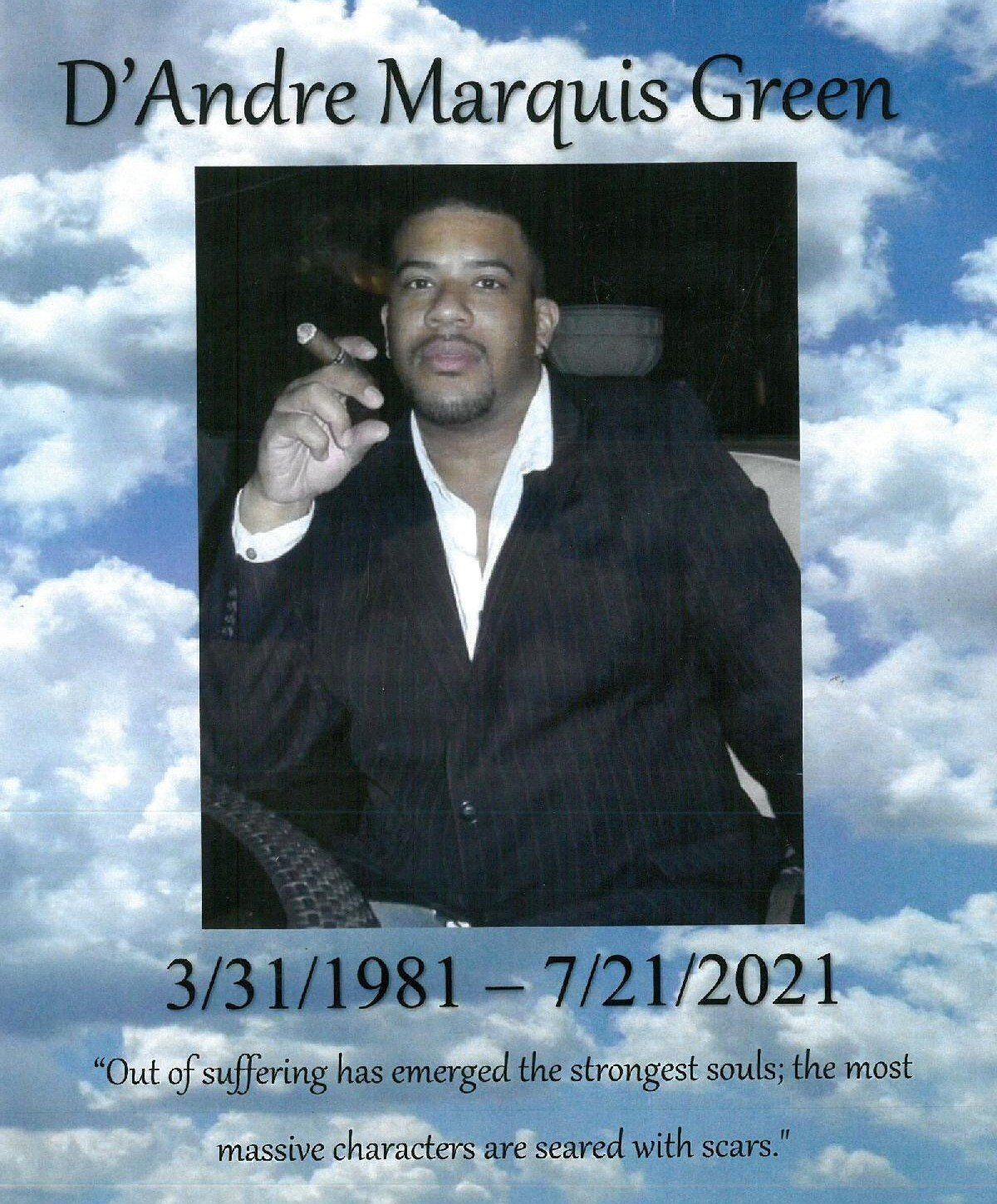 Memorial tribute for D’Andre Marquis Green with portrait, cloudy sky background, and dates 3/31/1981–7/21/2021