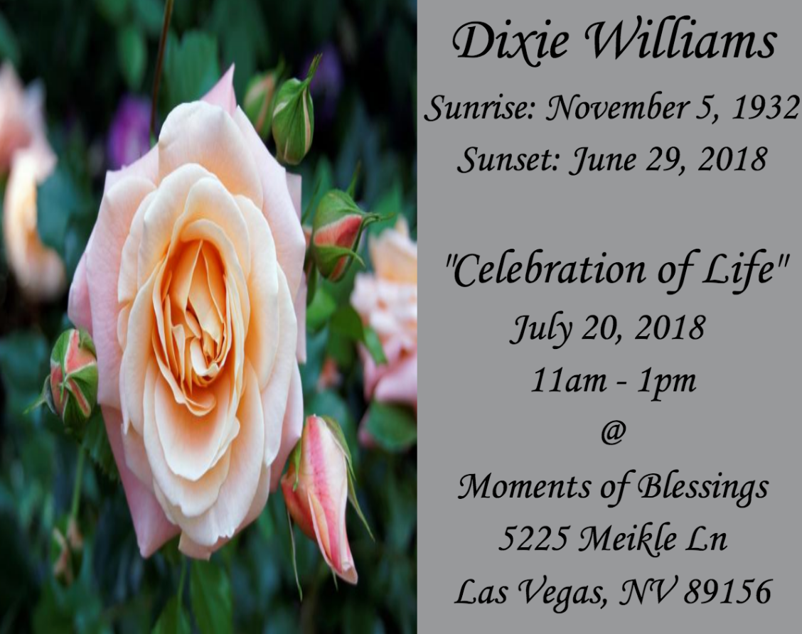 Peach rose memorial card for Dixie Williams with birth and funeral details and Las Vegas address.
