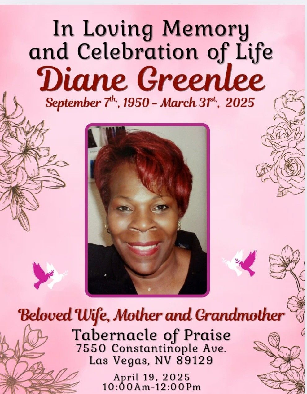 Memorial flyer with portrait on pink floral background for Diane, Sept. 9, 1950–March 3, 2025