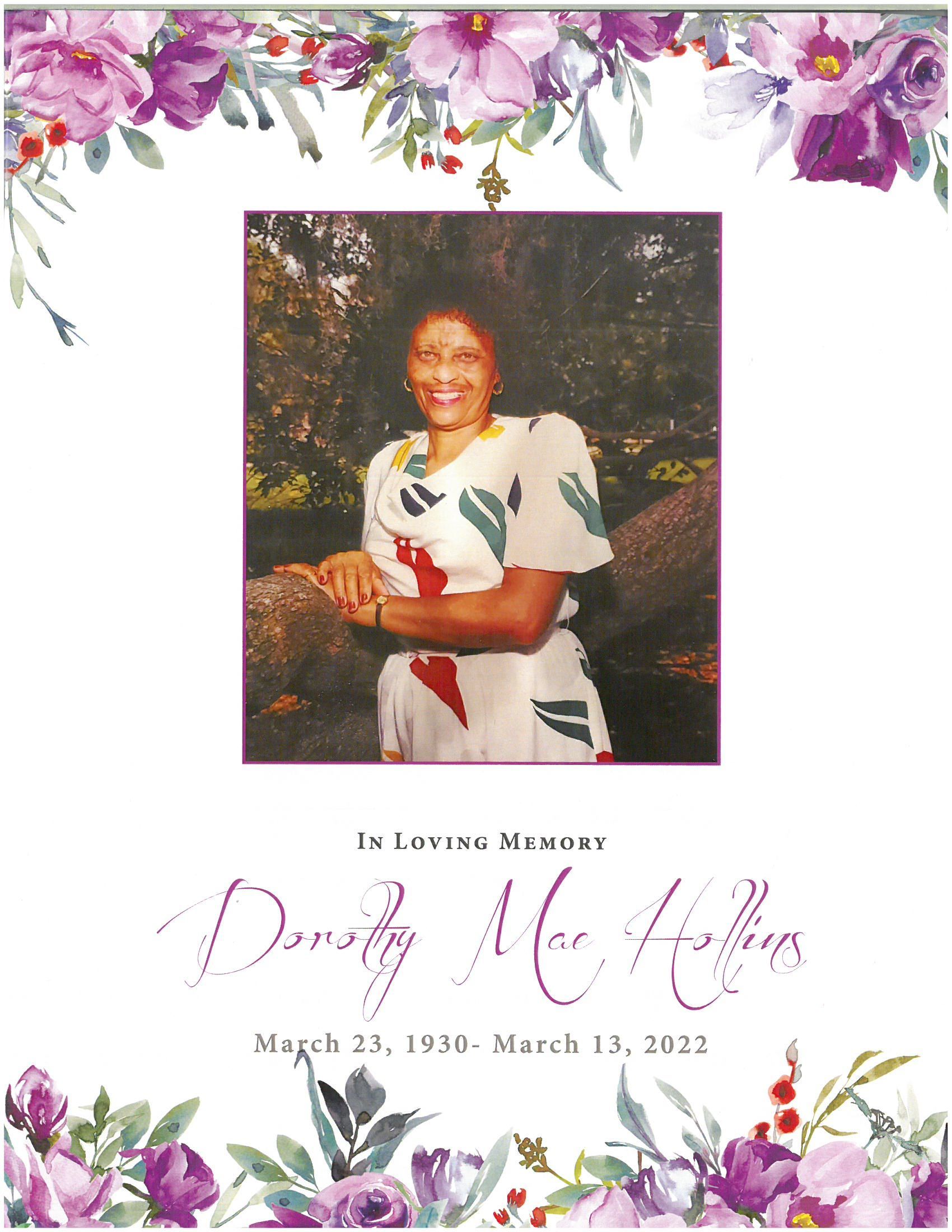 Memorial card with floral border, centered portrait, and name and dates beneath.