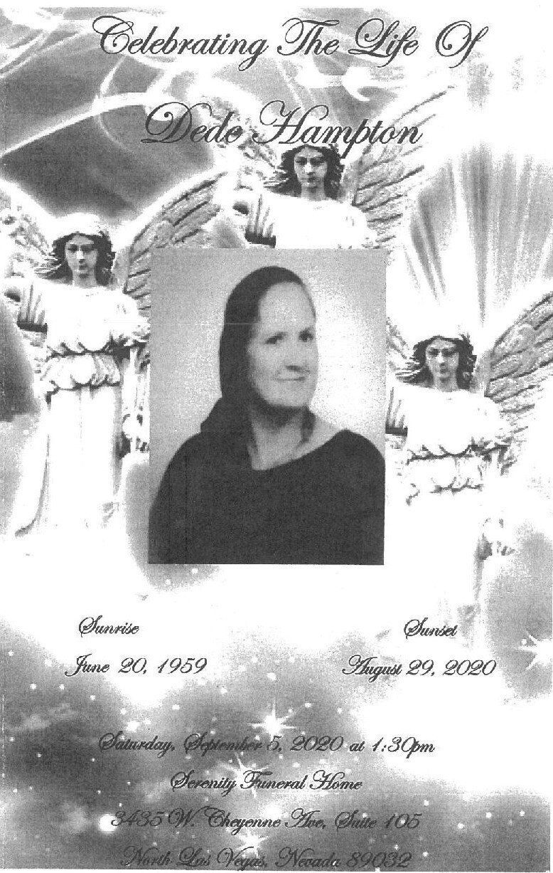 Memorial poster with a central portrait, angel figures, and decorative script honoring a loved one.