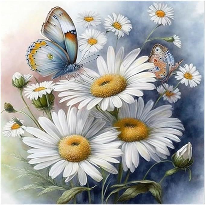 White daisies with yellow centers and butterflies in a soft blue floral painting