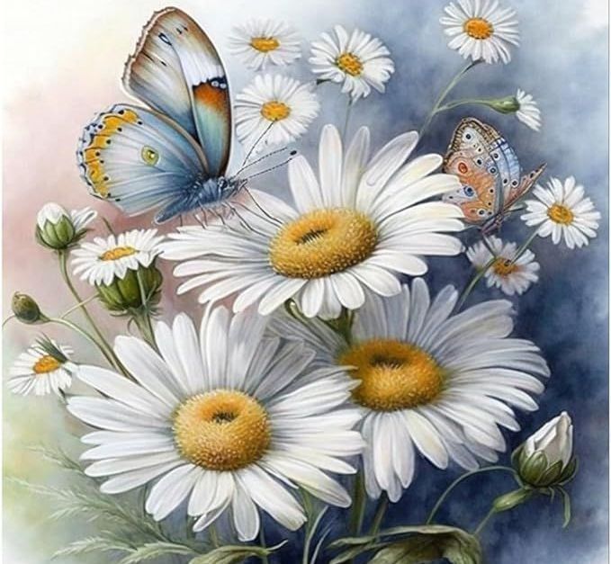 White daisies with blue butterflies on a soft, misty background