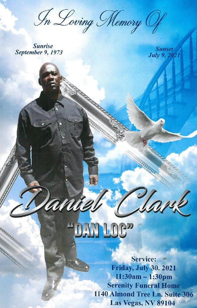Memorial tribute poster for Daniel Clark with blue sky, white doves, and a man walking on a cloudy path