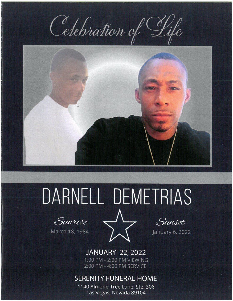 Memorial tribute card with two portraits, “Celebration of Life” title, and funeral service details for Darnell Demetrius