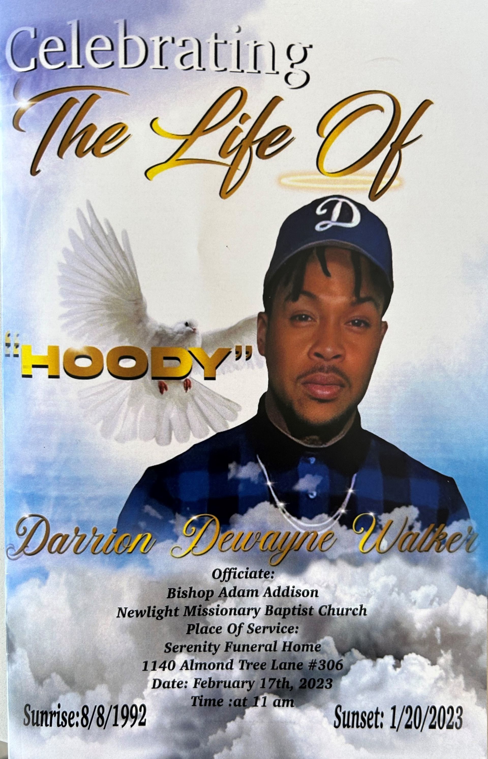 Memorial poster for Hoody with portrait, blue sky background, and dates April 24, 1979 to April 1, 2002