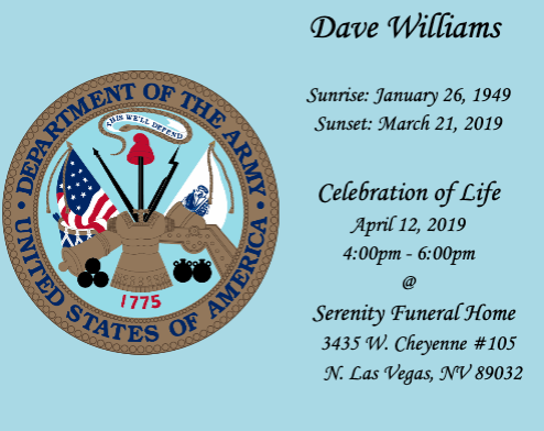 Memorial card with U.S. Army seal, “Dave Williams,” sunrise and celebration of life details.