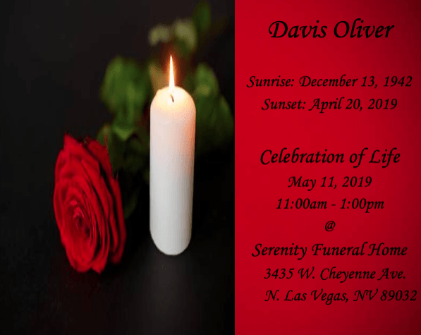 Memorial card with red rose, white candle, and text for Davis Oliver's celebration of life.
