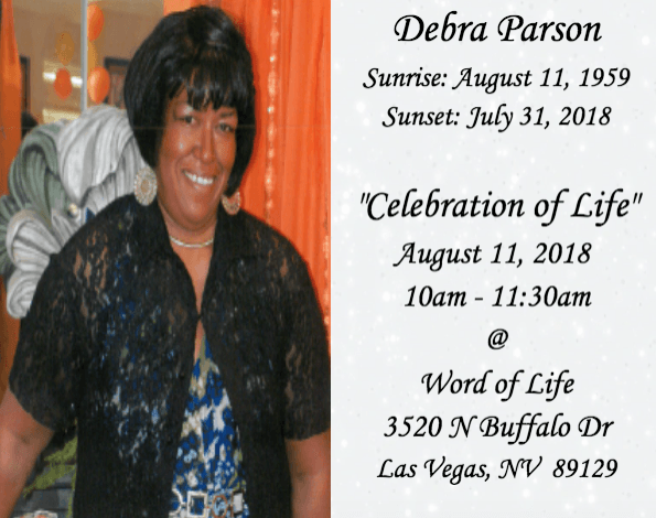 Memorial flyer for Debra Parson with photo, service dates, and Word of Life Las Vegas address