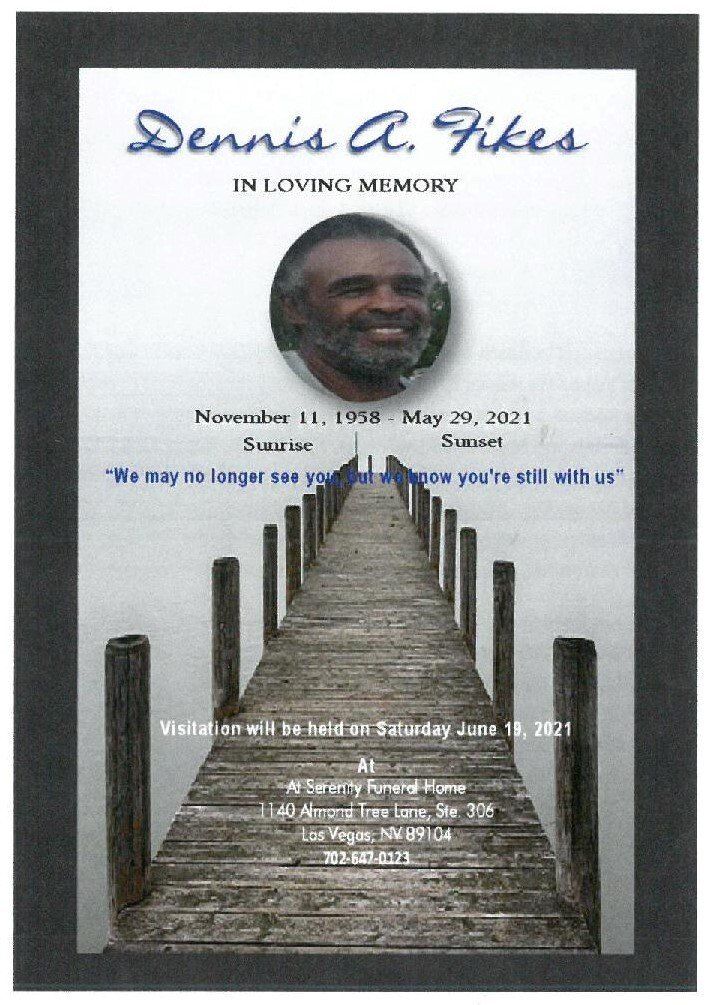 Memorial poster for Dennis A. Fikes with photo, dates, and a staircase leading upward into light