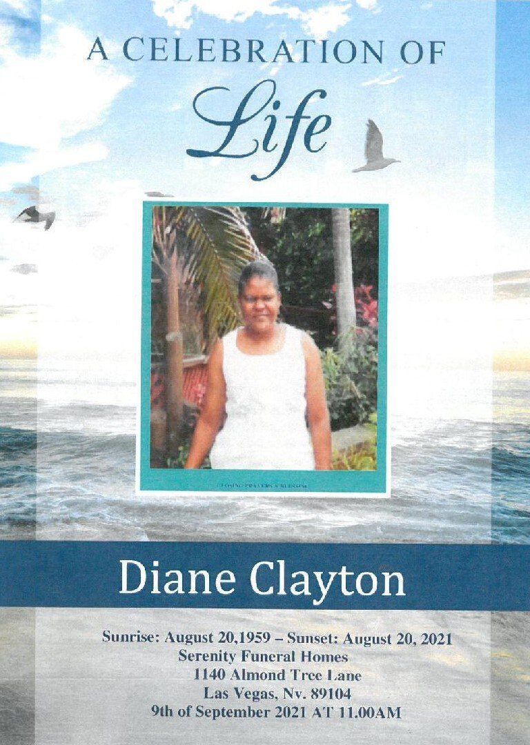Memorial tribute cover with ocean background, a centered portrait, and the name Diane Clayton.