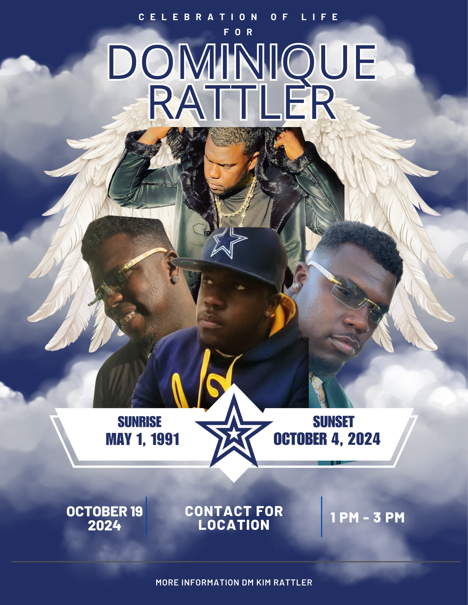 Dominique Rattler memorial flyer with angel wings, dates, and event details on a blue background
