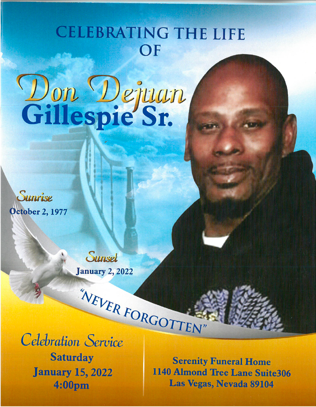 Memorial flyer for Don Dejuan Gillespie Sr. with portrait, dates, and “Celebrating the Life” text.