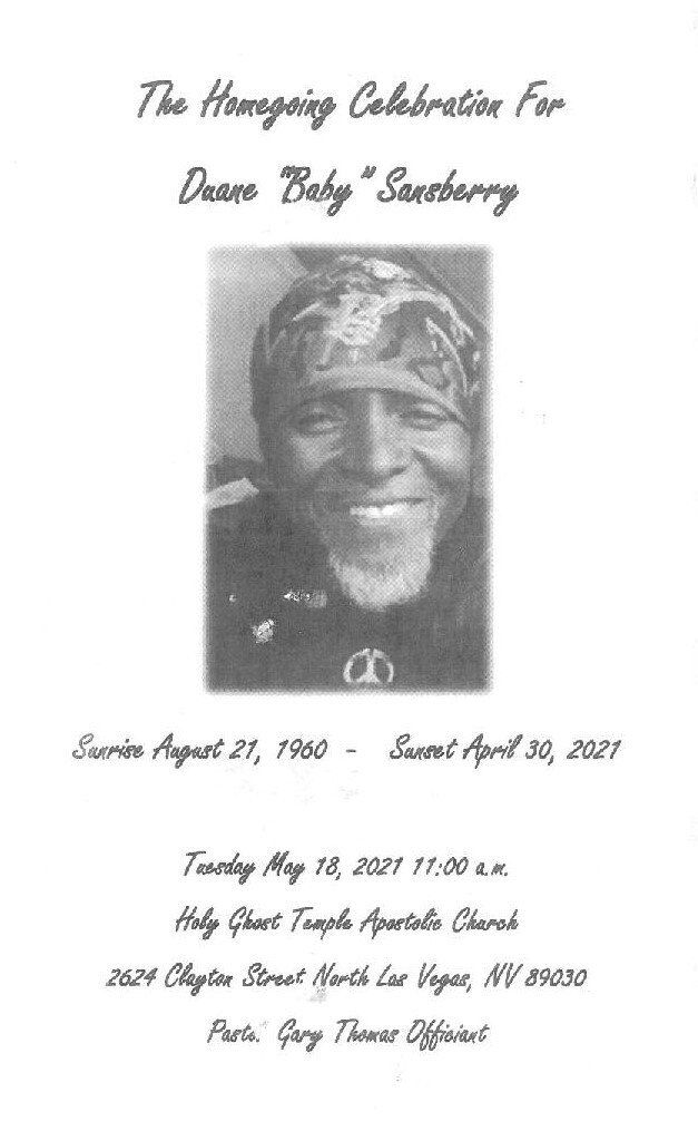Funeral program cover with a portrait and memorial text for Donna Baby Sanders, dated August 21, 1993.