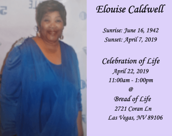 Memorial flyer for Eloise Caldwell with portrait, dates, and Celebration of Life details