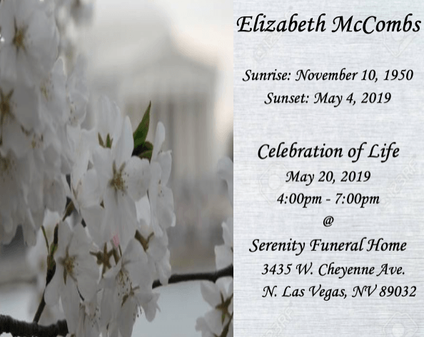 Memorial card for Elizabeth McCombs with white flowers and service details at Serenity Funeral Home.