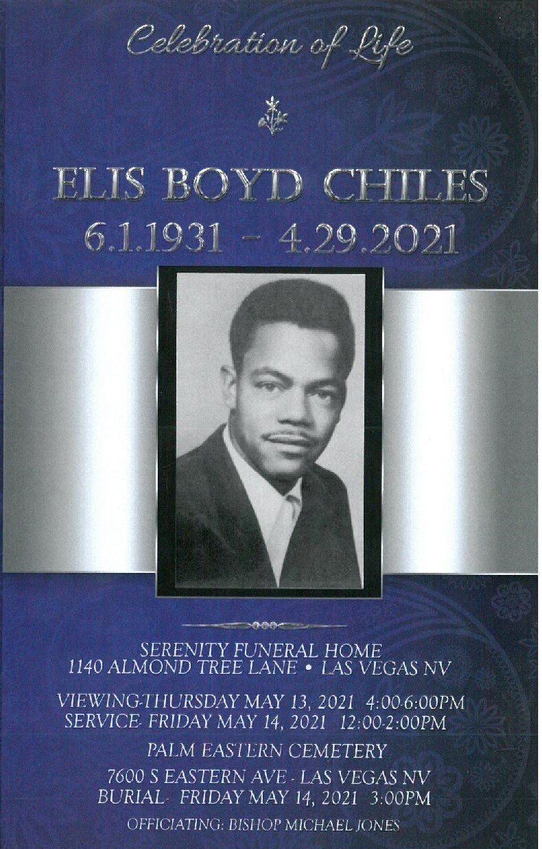 Memorial tribute poster with a portrait photo, blue background, and the name “Elis Boyd Chiles” with dates 1.1931–4.29.2021