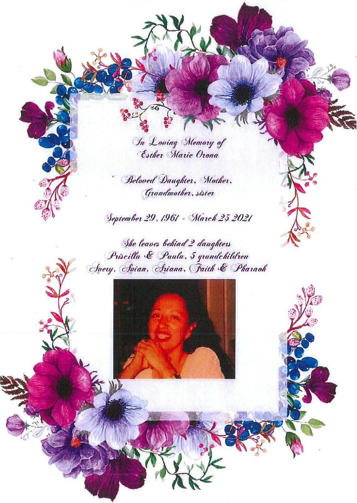 Floral memorial card with purple flowers and a small portrait of a smiling woman at the bottom.