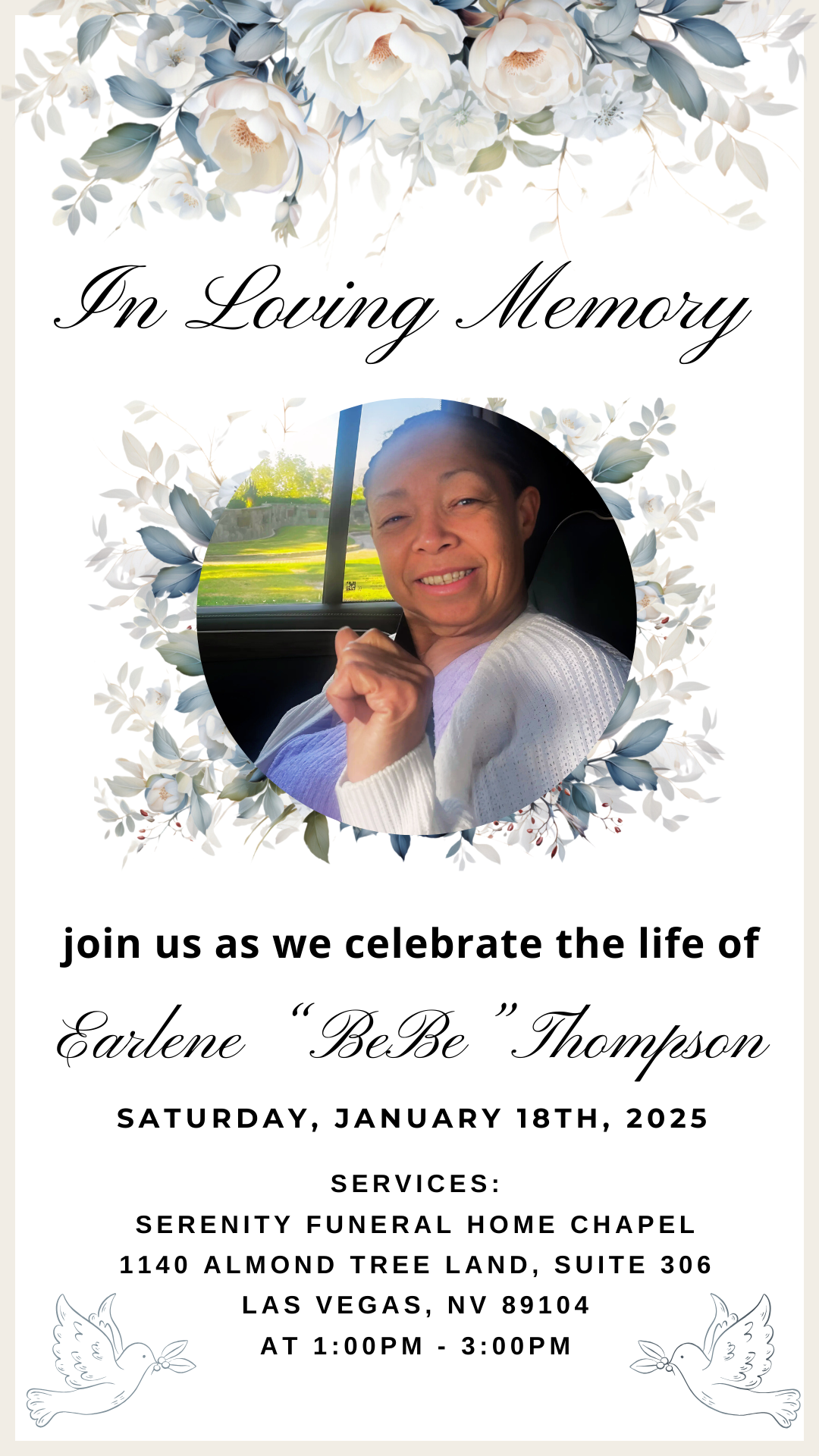 In Loving Memory memorial invitation with floral border and a smiling portrait in an oval frame